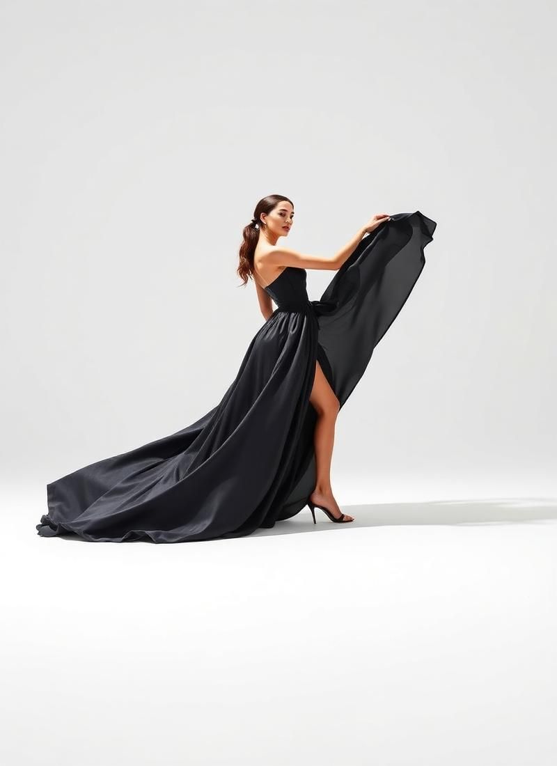 Model in a flowing black silk gown against a white studio backdrop