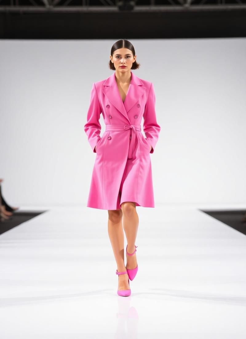 Model walking a runway in a structured pink tailored coat