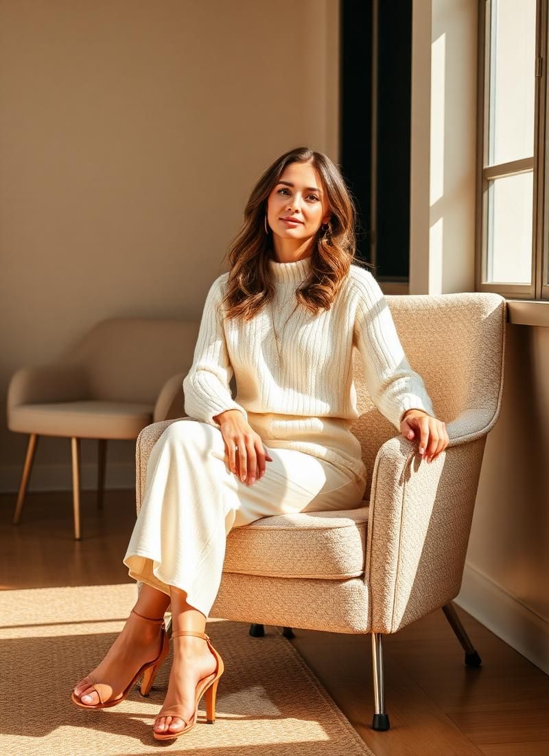 Model in a cream knit set seated on a boucle chair in a sunlit room